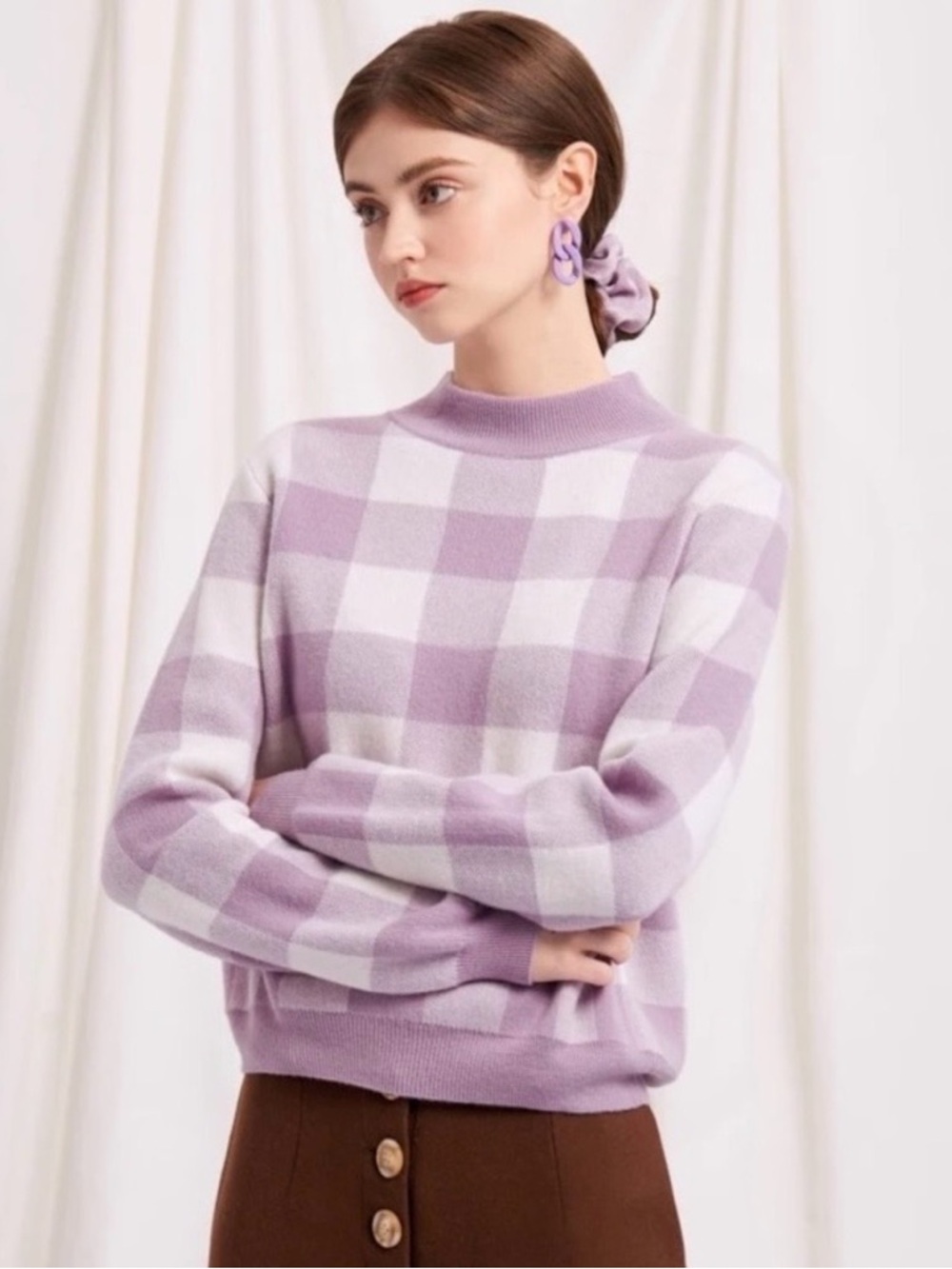 Petite Studio NYC 100% Wool Cathleen Lavender Check Plaid Knit Sweater SMALL